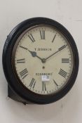 Victorian circular wall clock, ebonised case, painted dial signed 'T.