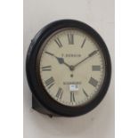 Victorian circular wall clock, ebonised case, painted dial signed 'T.