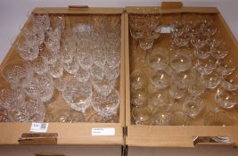 Three Webb crystal wine goblets, eleven etched glass sherry glasses,
