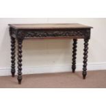 Victorian carved oak single drawer side table on barley twist supports, W107cm, D50cm,