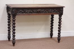 Victorian carved oak single drawer side table on barley twist supports, W107cm, D50cm,