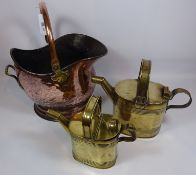 Copper coal helmet and two brass watering cans Condition Report <a href='//www.