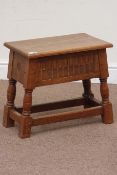 Carved oak box on turned stand, W46cm, H43cm,