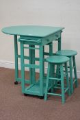 Green painted breakfast bar and two stools, W71cm, D75cm,