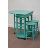 Green painted breakfast bar and two stools, W71cm, D75cm,