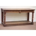 Victorian carved light oak two drawer serving table, barley twist supports with undertier, W152cm,