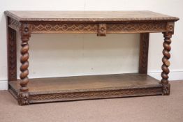 Victorian carved light oak two drawer serving table, barley twist supports with undertier, W152cm,