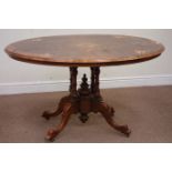 Victorian inlaid walnut oval loo table on cabriole legs, W130cm, D98cm,