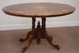 Victorian inlaid walnut oval loo table on cabriole legs, W130cm, D98cm,