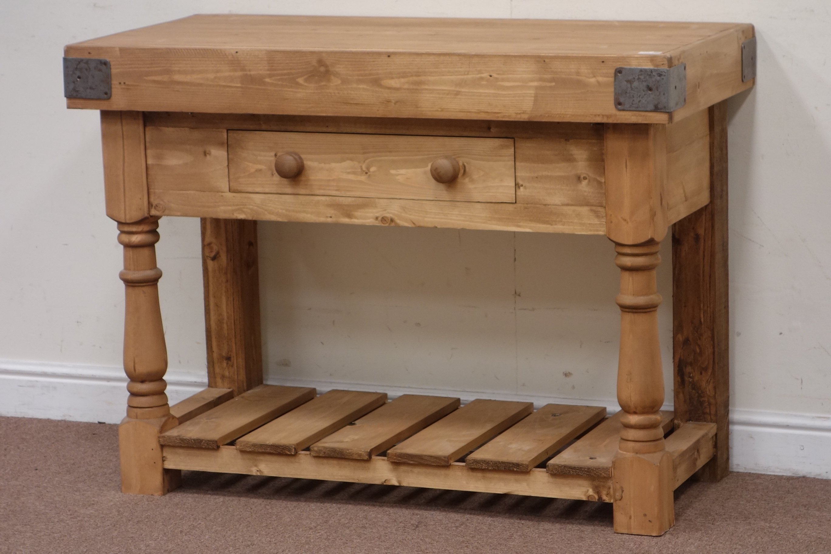 Waxed pine single drawer dresser base with 'butchers block' top, W116cm, H86cm,