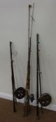 Two vintage sea rod with Scarborough reels and a collection of vintage fresh water rods