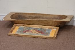 Hand hewn beech dough trough and a 'Conserves Alimentaires Soupe Paysanne' sign Condition