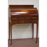 Edwardian inlaid mahogany cylinder front bureau on tapering supports, W83cm, D47cm,