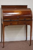 Edwardian inlaid mahogany cylinder front bureau on tapering supports, W83cm, D47cm,