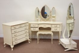 Cream & gilt finish kidney shaped dressing table with mirror & stool, W132cm,