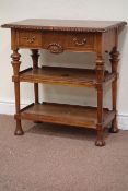 Queen Anne style walnut three tier two drawer side table, W70cm, D39cm,