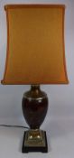 Satin gold and tiled wood table lamp with square bronze shade (This item is PAT tested - 5 day