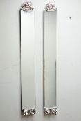 Pair narrow wall mirrors with silvered pediments and bevelled glass 123cm x 16cm