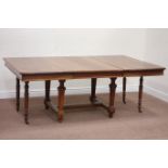 Early 20th century French walnut extending dining table with leaf on fluted supports, W194cm,