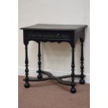 Victorian ebonised carved oak single drawer side table, W69cm, D45cm,