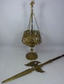 Reproduction brass pole axe and a traditional brass lamp Condition Report <a