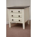 Painted three drawer chest with mahogany top, W81cm, H90cm,