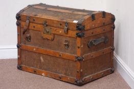 19th century oak and hessian bound dome top trunk, metal fixtures,