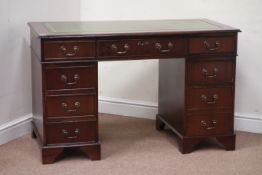 Reproduction mahogany twin pedestal desk, eight drawers, leather inset top, W122cm, H76cm,