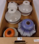 Pair of 1950's glass lamp shades and three painted lamp shades (5) Condition Report