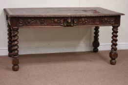 Victorian carved oak two drawer writing table with inset top on barley twist supports W154cm, D86cm,