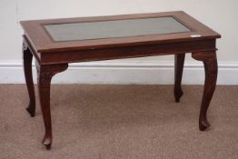 Chinese rosewood coffee table, carved panel, brass inlay, 77cm x 43cm,