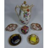 Chelsea style coffee pot, two Dresden dishes,