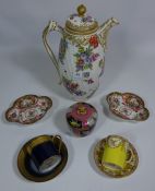 Chelsea style coffee pot, two Dresden dishes,