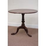 19th century mahogany tripod centre table, circular tilt top, on turned column, D85cm,