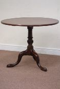 19th century mahogany tripod centre table, circular tilt top, on turned column, D85cm,