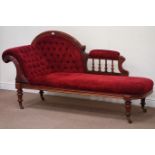 Victorian mahogany chaise longue, upholstered in deep red with button arm and back, with balustrade,