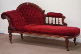 Victorian mahogany chaise longue, upholstered in deep red with button arm and back, with balustrade,