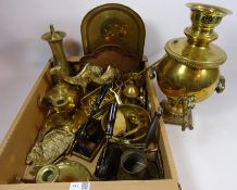 Brass samovar, two Victorian cast iron book presses, two brass camels,