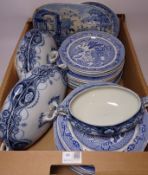 Willow pattern blue and white dinner plates and side plates, two Burslem 'Delhi' tureens,