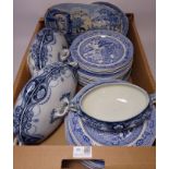 Willow pattern blue and white dinner plates and side plates, two Burslem 'Delhi' tureens,