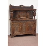 Victorian carved oak court cupboard decorated with foliage & scrolls, dated on plaque 1906, W125cm,