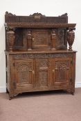 Victorian carved oak court cupboard decorated with foliage & scrolls, dated on plaque 1906, W125cm,