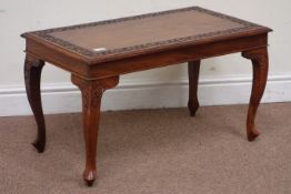 Chinese rosewood coffee table, brass inlay and carved detail, 43cm x 76cm,
