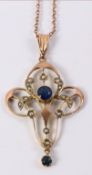 Art Nouveau sapphire and seed pearl set pendant necklace stamped 9ct Condition Report