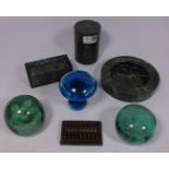 Polished stone desk set including calendar and abacus two Victorian glass dumps and a Mdina glass