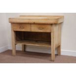 19th century butchers block on pine stand, two drawers and undertier, W115cm, H93cm,