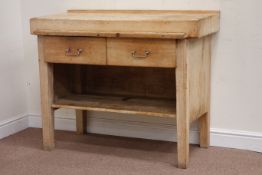 19th century butchers block on pine stand, two drawers and undertier, W115cm, H93cm,