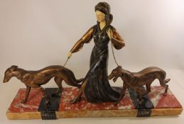 Art Deco spelter and ivorine group of a lady walking two Borzoi H49cm Condition Report