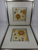 Pair of large framed glass panels decorated with flowers Condition Report <a