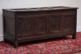 18th century panelled oak blanket box kist, W125cm, H56cm,